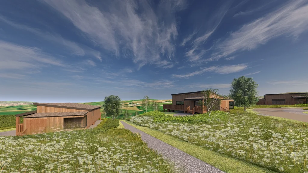 Mockup of some of the houses and cottages with wildflowers