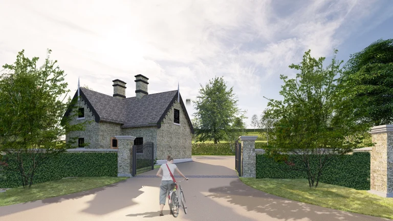 Mockup of someone entering Aunt Minnies through the gate with a cottage by the gate