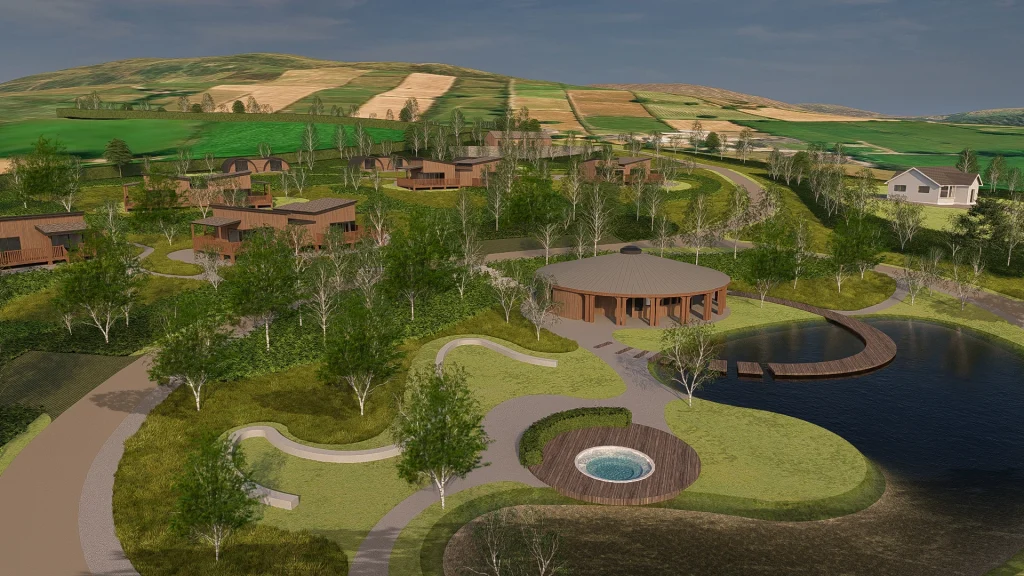 A mockup of different buildings, trees, and a pond